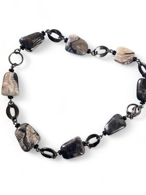 Oxidized Black and Silver Stone Link Necklace - Women Jewelry